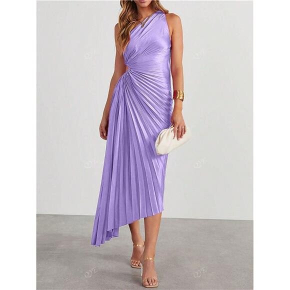 NEW‎ - Elegant Purple Asymmetric Shoulder Cutout Pleated Swing Dress - Picture 3 of 8